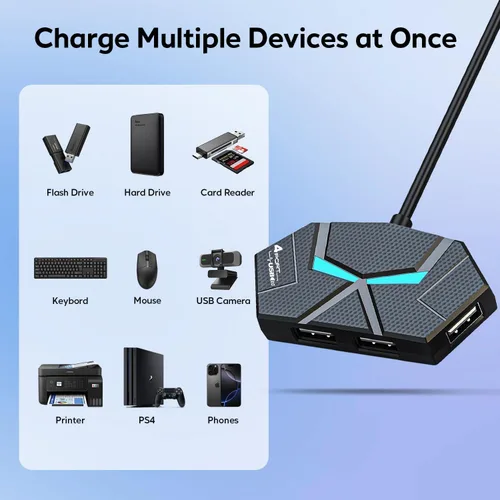 Vista 8 de Hub USB 4 puertos, divisor de concentrador USB 3.0 múltiple con puerto de alimentación y luces, cable de 3.9 pies de largo adaptador multipuerto