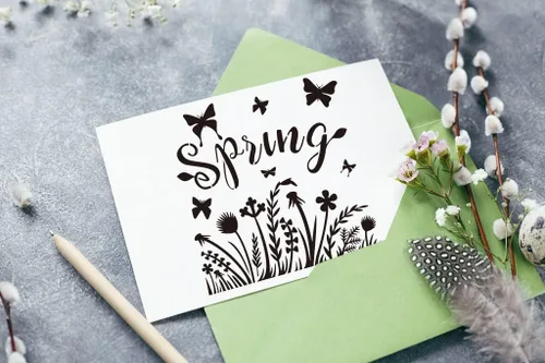 Vista 4 de 9 plantillas de primavera grandes para pintar en madera, pared, tela, palabras, flores, coronas, pájaros, gnomos, plantillas para decoración