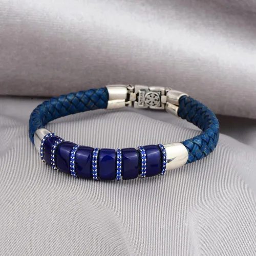 Vista 2 de Pulsera de cuero azul plateado para hombre, pulsera de piedra de zafiro natural pulsera de cuero genuino, pulsera de piedra de zafiro azul, plata
