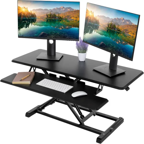 Vista 9 de TechOrbits - Convertidor de escritorio de pie, regulable, para sentarse y pararse, aglomerado, monitor dual con bandeja para teclado, para laptop