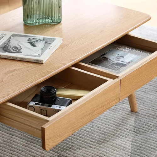 Vista 2 de Mesa de centro cuadrada de madera maciza con almacenamiento, mesa de mediados de siglo hecha a mano 100% madera de roble macizo natural para sala