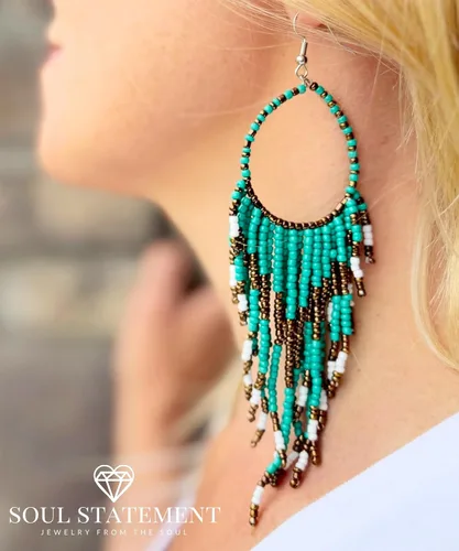 Vista 8 de Western Earring Bundle for Women: Boho Turquoise Patina Tassels & Handmade Colorful Bead Dangles for Concerts & Festivals