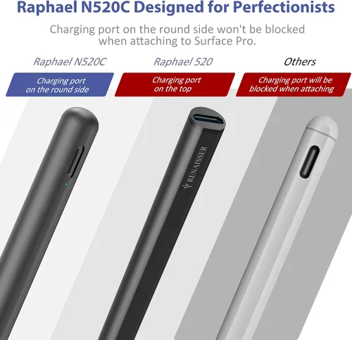 Vista 6 de Bolígrafo RENAISSER Raphael N520C, diseñado en Houston, fabricado en Taiwán MPP 2.0 Stylus pen for Surface Pro/Go/Book/Studio, 4096 Pressure, Tilt