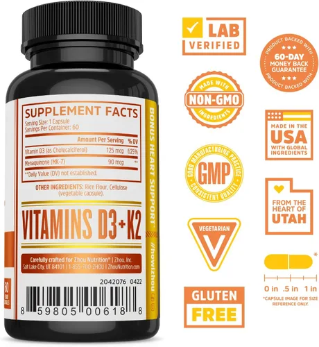 Vista 2 de Zhou D3+K2 - Suplemento de vitamina D3 K2 para mujeres y hombres, suplementos de apoyo inmunológico Vit D3 y K2, fórmula vegetariana pura con 5000
