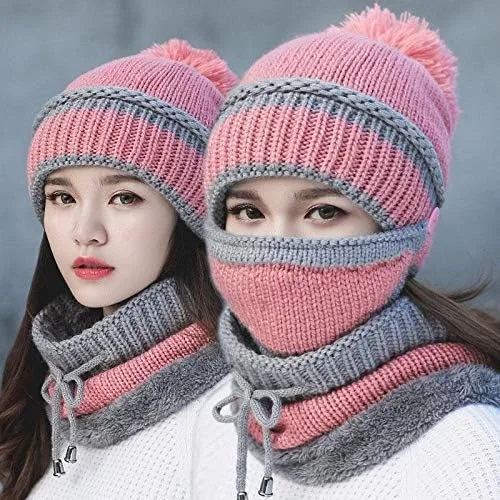 Vista 6 de Juego de 3 piezas de moda para mujer, gorro de punto de invierno grueso de lana con máscara cálida y bufanda para el cuello