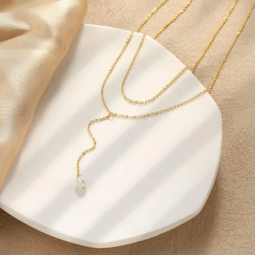 Vista 7 de Necocy Collares largos para mujer, chapado en oro de 14 quilates, collar de barra circular de perlas de circonita cúbica en forma de Y, collar