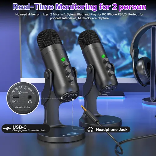 Vista 5 de ZealSound Micrófono de podcast, paquete de equipo de podcast para iPhone, PC, iPad Android, micrófono USB inalámbrico dual de 2.4 GHz con reducción