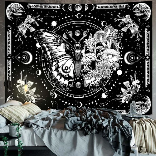 Vista 2 de Fungarth Tapiz de Esqueleto y Mariposa Blanco y Negro Calavera Hongos Plantas Tapices Hippie Estético Tapiz Colgante de Pared para Dormitorio Sala