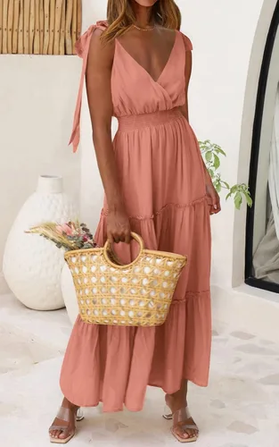 Vista 2 de Prettygarden Vestido largo de verano, con cuello cruzado, para mujer, sin mangas, escalonado, con tirantes fruncidos, para la playa, vestido largo