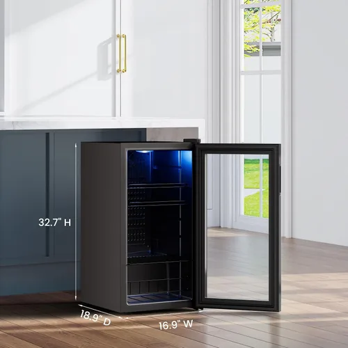 Vista 8 de Yeego Refrigerador de bebidas, mini refrigerador de 105 latas con puerta de vidrio, estantes ajustables, control digital de temperatura para Negro