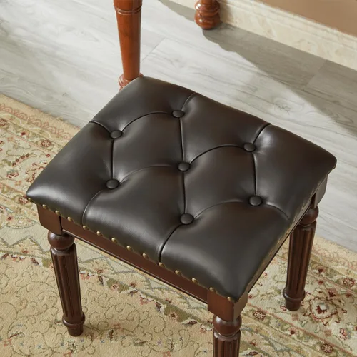 Vista 5 de Taburete de tocador con cojín de cuero de microfibra, silla de tocador otomana con patas de madera maciza para dormitorio, sala de maquillaje