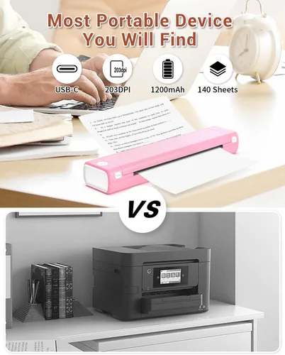 Vista 3 de Phomemo M08F - Impresora portátil de letras + 100 hojas de papel térmico, Bluetooth compacta para el hogar y el negocio impresora rosa