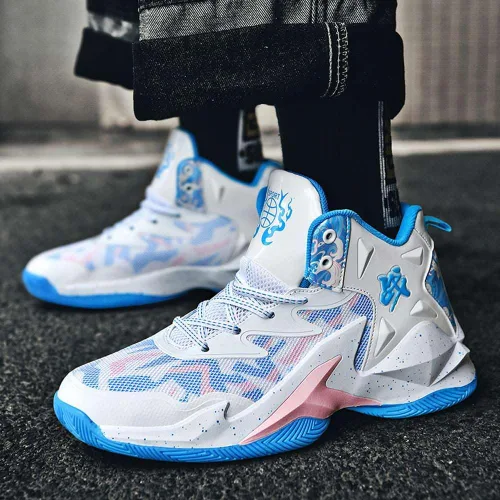 Vista 6 de VAXAV Women's Men's High Top Basketball Shoes Blanco Azul
