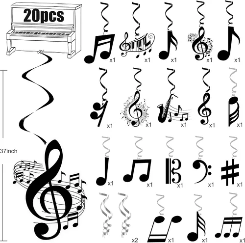 Vista 2 de Notas musicales colgantes espirales musicales para fiesta de cumpleaños, decoración de notas musicales, piano, música, fiesta, espiral, recortado