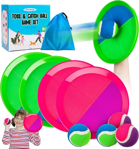 Vista 14 de Juego de pelota para lanzar y atrapar, 4 paletas y 4 bolas al aire libre, juego de captura de remo para niños, patio trasero, playa, piscina, patio