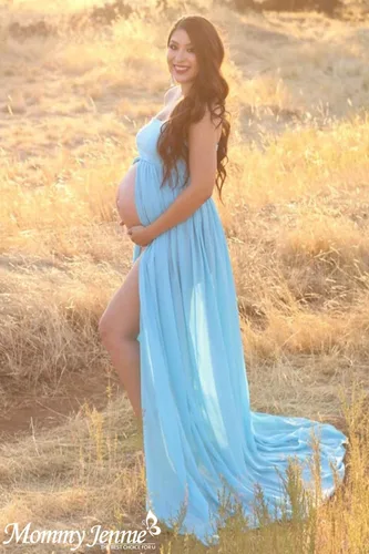 Vista 2 de Mommy Jennie Vestido de maternidad para sesión de fotos sin mangas frente abierto vestido de fotografía