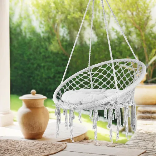 Vista 3 de Silla hamaca de macramé, silla colgante tejida a mano con cuerda de algodón de 330 libras de capacidad, hamaca con borlas de macramé para soporte