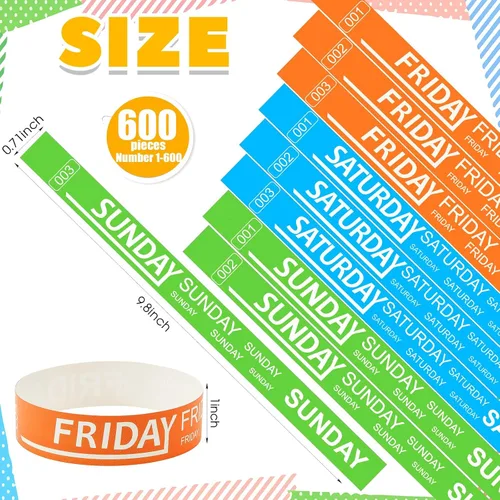 Vista 2 de Henoyso 1800 pulseras de papel para eventos, pulseras de papel numeradas impermeables para eventos, Día de la semana, pulseras de papel