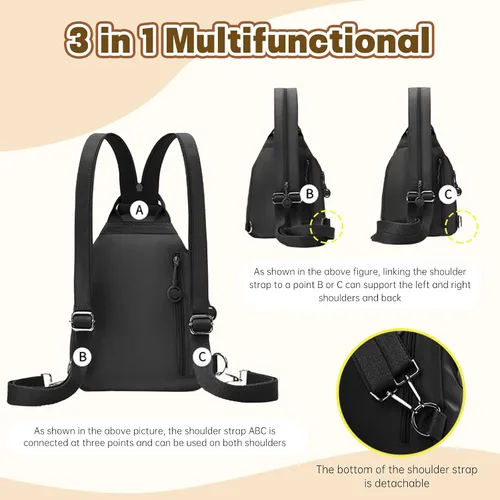 Vista 5 de Mini bolsa impermeable de 2 vías, mochila pequeña Oxford con múltiples compartimentos, para mujeres, universitarios, viajeros, viajes con antirrobo