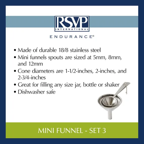 Vista 11 de RSVP International Endurance Collection - Embudo para especias de cocina, acero inoxidable y apto para lavavajillas, mini juego, varios tamaños