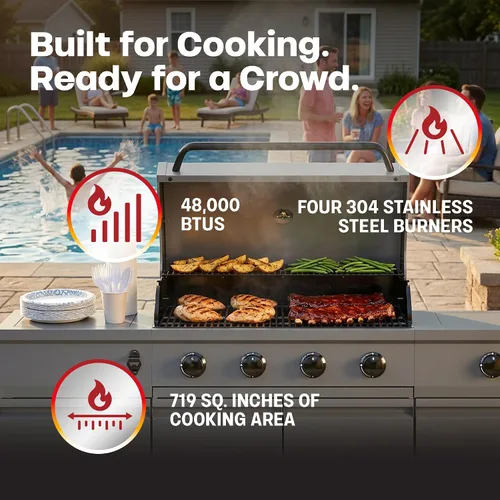 Vista 3 de Tytus Fresno - Parrilla de isla de propano o gas natural de 5 quemadores - Área de cocción de 864 pulgadas cuadradas, parrilla de 48,000 BTU