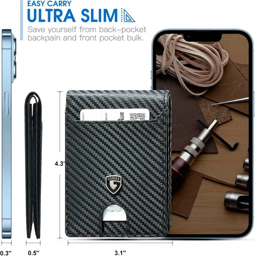 Vista 3 de GSOIAX Billetera delgada para hombre con bloqueo RFID, carteras plegables para hombre, minimalista, cuero auténtico, fibra de carbono, clip