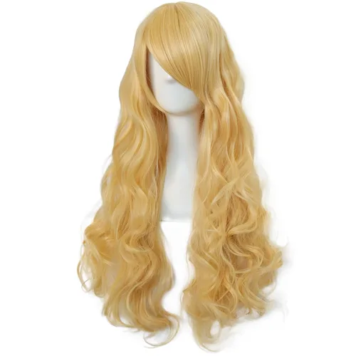Vista 2 de ANOGOL Gorro de pelo + 31.5 in32 pulgadas, peluca amarilla rizada para anime, cosplay, mujer, peluca larga rubia con flequillo, cabello amarillo