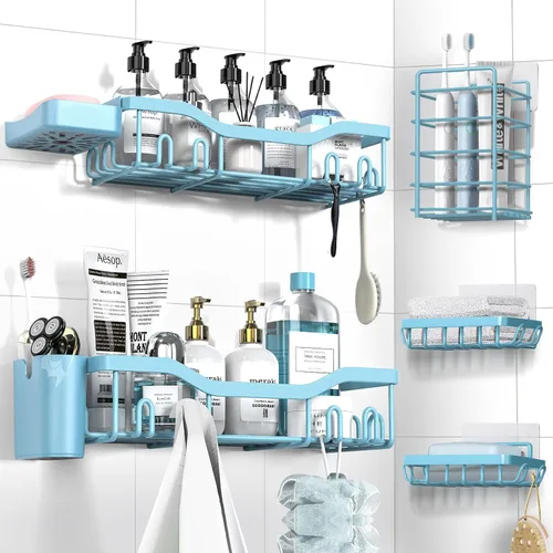 Vista 10 de NESOMI Organizador de Ducha Adhesivo Juego de 7 Piezas, Estantes de Baño de Acero Inoxidable a Prueba de Óxido, Accesorios de Almacenamiento sin