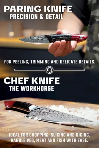 Vista 4 de Dalstrong Juego de 2 Cuchillos - Cuchillo de Chef 8"+Cuchillo de Pelar 4"-Serie Scorpion Hellfire-Acero Ultra™V12 Japonés-Damasco Negro-Mango