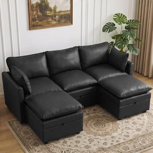 Vista 17 de Otomana cuadrada grande de 27 pulgadas con almacenamiento, reposapiés tapizado moderno con patas antideslizantes para sofá, mesa de café, sala