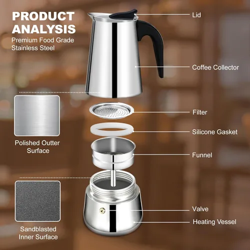 Vista 3 de 12 Tazas Cafetera de Espresso para Estufa Olla de Moka de Acero Inoxidable Percolador de Cocina Superior Cafeteras de Café Italianas Capaz