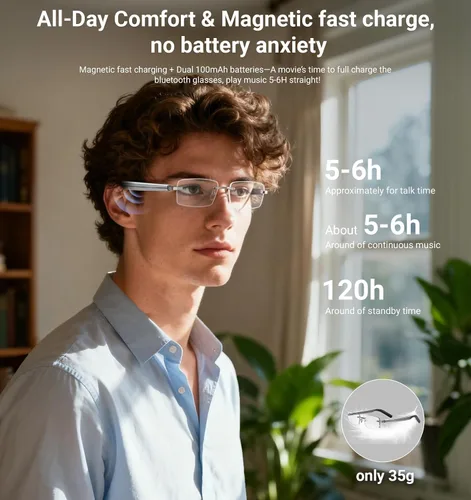 Vista 4 de Lentes inteligentes, lentes fotocromáticos Bluetooth sin montura con altavoz y micrófono de sonido HD de oreja abierta, protección UV400, control