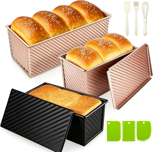 Vista 10 de Paquete de 2 moldes para pan con tapas – Capacidad de masa de 2.2 libras y 1 libra, moldes para pan de acero al carbono antiadherentes para pan