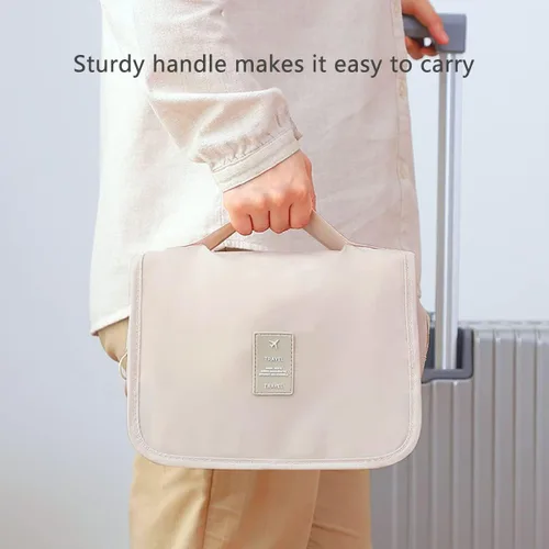 Vista 6 de Neceser de viaje colgante para mujer, bolsa de maquillaje resistente al agua, organizador de cosméticos para accesorios de viaje, artículos de Beige