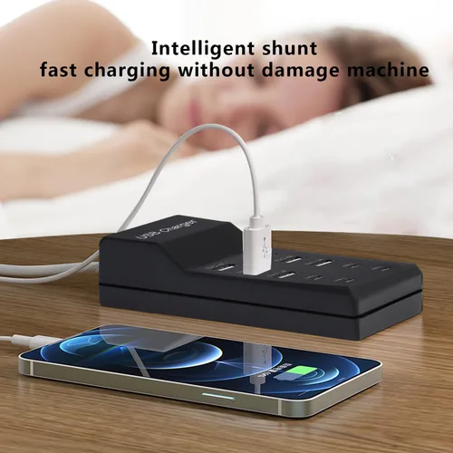 Vista 4 de Cargador USB, estación de carga USB de 50 W con 10 puertos (6 puertos USB-A y 4 puertos USB-C) compatible con iPhone 15/14/13/12/11/X/8/7/6