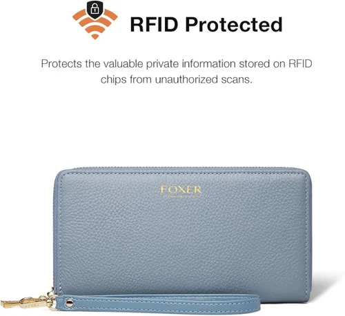 Vista 5 de FOXLOVER Carteras de cuero genuino para mujer carteras de embrague con cremallera RFID con pulsera