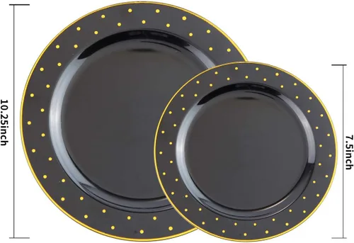 Vista 5 de I00000 - Paquete de 102 unidades, platos de plástico de color negro y dorado, 51 platos llanos de 10.25 pulgadas y 51 platos de postre de 7.5