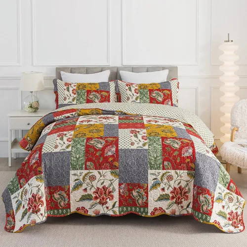Vista 45 de Juego de cama de dos piezas, tamaño individual, de microfibra, reversible, de retazos, estilo floral, todas las estaciones, patrón de porcelana azul