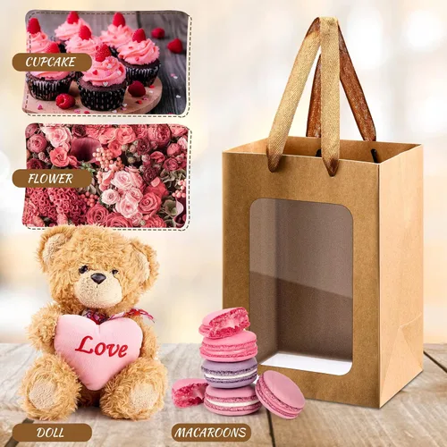 Vista 3 de Yexiya 15 bolsas de regalo de papel con ventana transparente, 7 x 5 x 10 pulgadas, bolsas de compras de papel kraft para bodas, cumpleaños