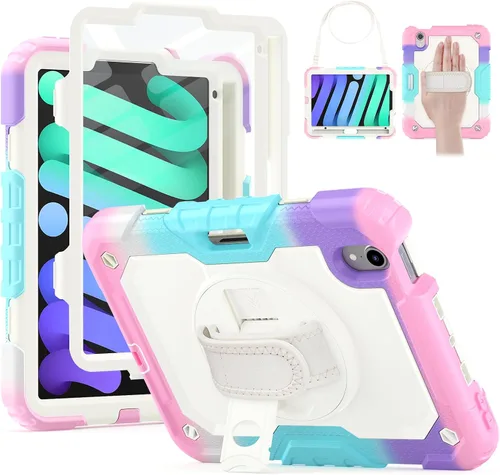 Vista 10 de HXCASEAC Funda para iPad mini 7 (A17 Pro)/iPad mini 6 de 8.3 pulgadas, protección de cuerpo completo con correa de transporte, correa de mano