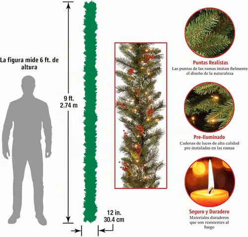 Vista 3 de National Tree Company Guirnalda de Navidad artificial preiluminada, verde, pino invernal, luces blancas, decorada con conos de pino, racimos