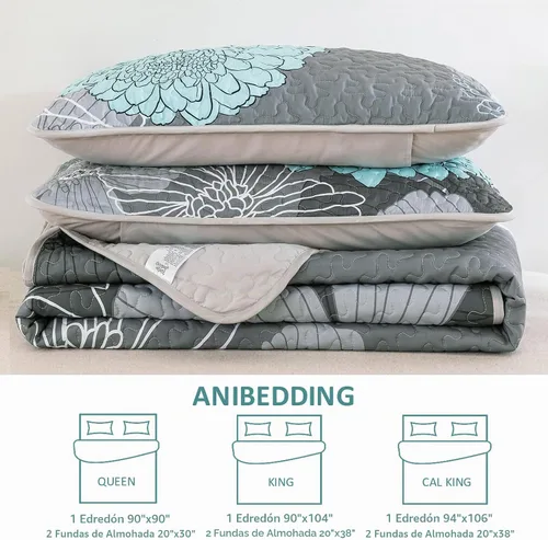 Vista 6 de Anibedding Juego de edredón con estampado floral verde, tamaño King, colcha de 3 piezas, elegante colcha de flores bohemias con 2 fundas de Gris