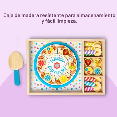 Vista 5 de Melissa & Doug, pastel de fiesta de cumpleaños, juego con alimentos, mezclar y combinar, decoraciones para pastel y 7 velas