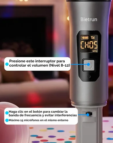 Vista 6 de Bietrun Micrófono inalámbrico, juego profesional de micrófonos UHF de metal, de mano, doble, inalámbrico, dinámico, con receptor recargable, salida
