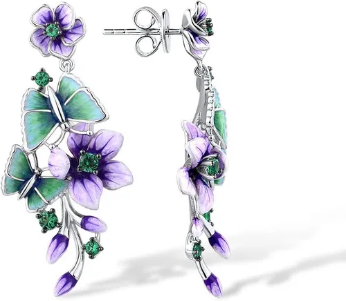 Vista 2 de Santuzza - Aretes colgantes de plata de ley 925 con flores esmaltadas para mujer