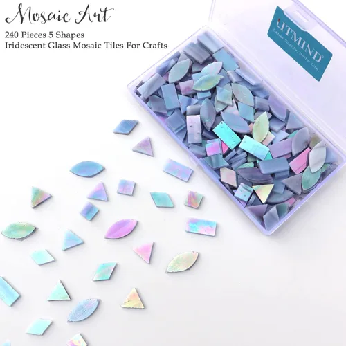 Vista 3 de LITMIND Azulejos de Mosaico de Vidrio Iridiscente Estilo Vitral para Manualidades, 240 Piezas 5 Formas Mixtas de Piezas de Vidrio de Mosaico, Kits