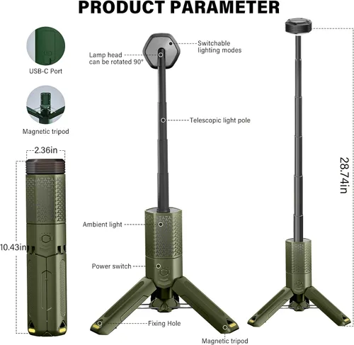 Vista 7 de Telescopic Camping Light with Stand, Collapsible Magnetic Tripod Lantern Verde