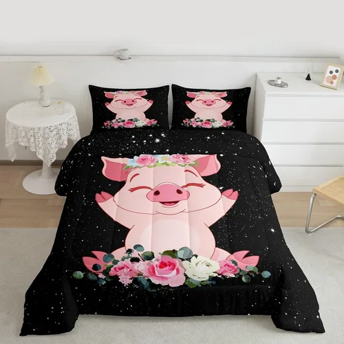 Vista 2 de Erosebridal Juego de edredón de cerdo rosa para niñas, decoración de habitación Kawaii, tamaño individual, relleno de edredón de hojas florales