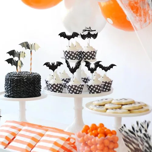Vista 3 de 30 piezas de decoración de murciélagos de Halloween para cupcakes de murciélago con purpurina negra para Halloween, decoración de pasteles de Negro
