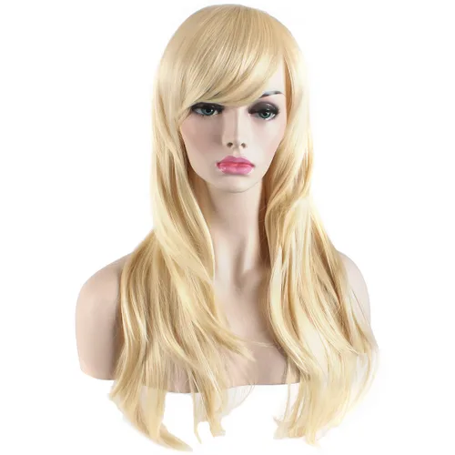 Vista 3 de Peluca de cosplay para mujeres con gorra, peluca de 28in largo y ondulado resistente al calor de AKStor, Dorado
